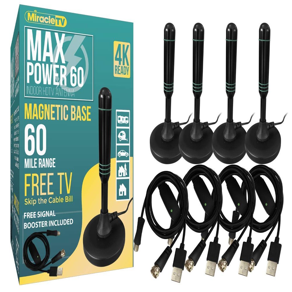 Miracle LED TV MAX Power 60 Magnetic Base Digital HDTV Antenna for Indoor - 60 Mile Range HD 4K Ready with Signal Amplifier Free - Clear Channel Reception 15ft Cable (4-Pack)