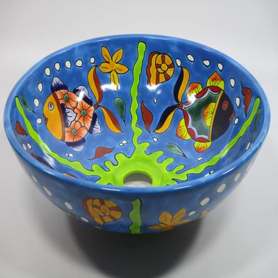 14" round TALAVERA VESSEL SINK Mexican handmade ceramic bathroom basin, folk art