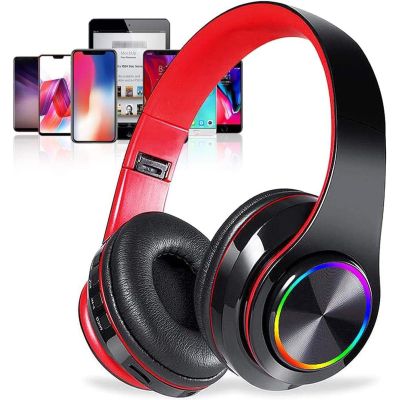 Bluetooth Over Ear Headphones, LED Lights Headphones with Built-in Mic, Light Weight, Bluetooth 5.0, Wireless Foldable HiFi Stereo Headphones for Classroom/Home/Office/PC/Mobile Phone (Black red)