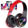 Bluetooth Over Ear Headphones, LED Lights Headphones with Built-in Mic, Light Weight, Bluetooth 5.0, Wireless Foldable HiFi Stereo Headphones for Classroom/Home/Office/PC/Mobile Phone (Black red) view 1
