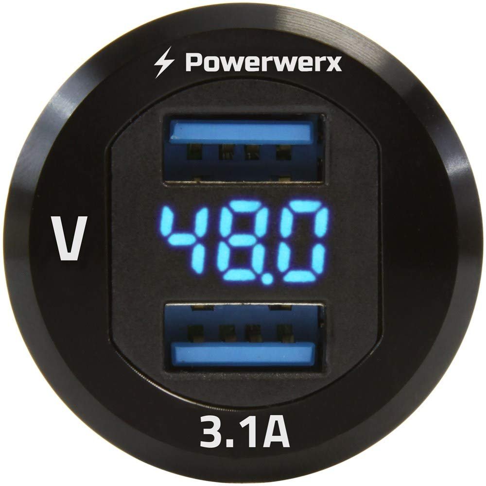 Powerwerx PanelUSB48 Panel Mount Dual USB 3.1A Fast Device Charger with Digital Voltage Display for 24/36/48V Systems