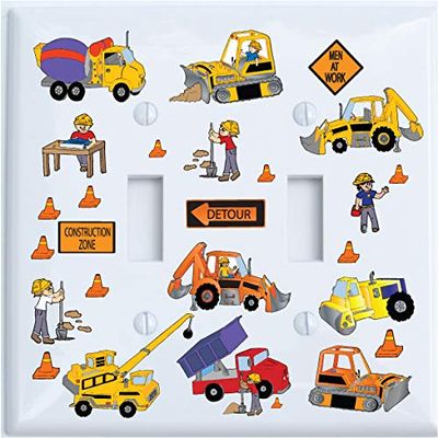Nylon Double Toggle Construction Light Switch Plates Construction Theme with Bulldozers, Tractors, Cement Truck, Steamroller, Crane, and Dump Truck Childrens Wall Decor. (Double Toggle)