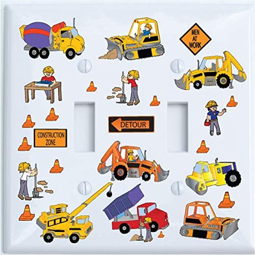Nylon Double Toggle Construction Light Switch Plates Construction Theme with Bulldozers, Tractors, Cement Truck, Steamroller, Crane, and Dump Truck Childrens Wall Decor. (Double Toggle)