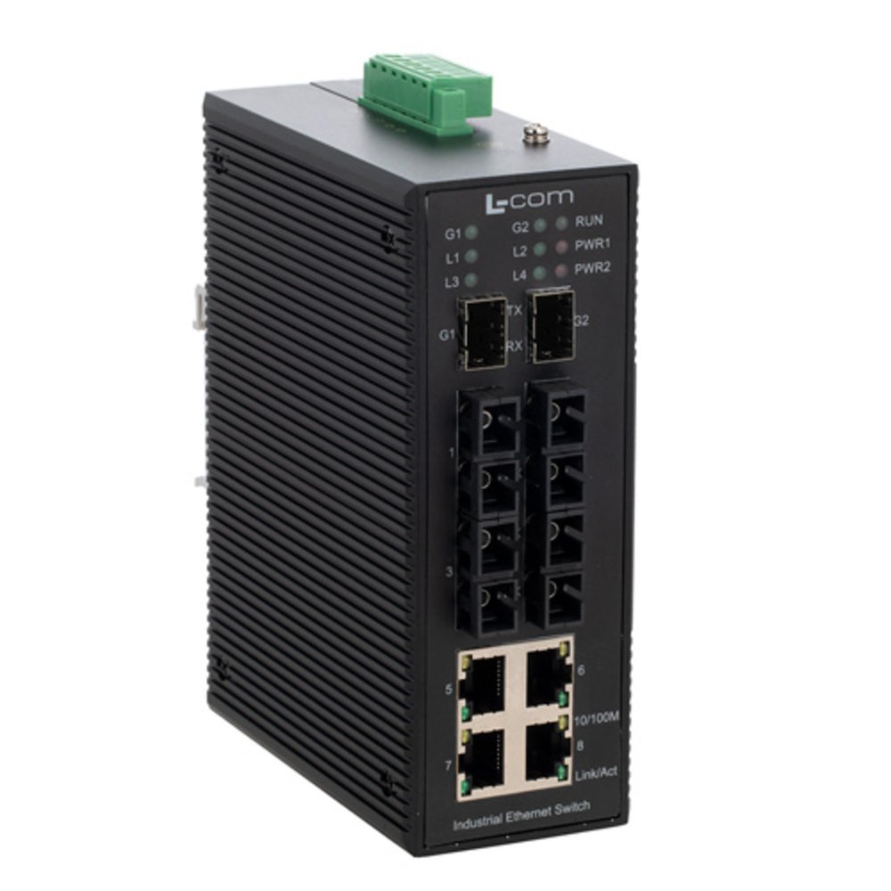 L-COM - IES-2210-M2-SFP - Switch, 10 Ports, Industrial, Unmanaged Gigabit Ethernet, DIN Rail, RJ45 x 4, SFP x 2, SC x 4