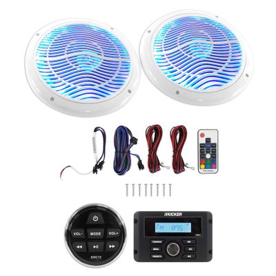 Kicker KMC3 Marine Digital Media Gauge Receiver w/Bluetooth/USB for Boat/ATV/UTV Bundle with Kicker KRC12 Remote Control for Marine Receiver and Rockville RMC65LW Marine Speakers