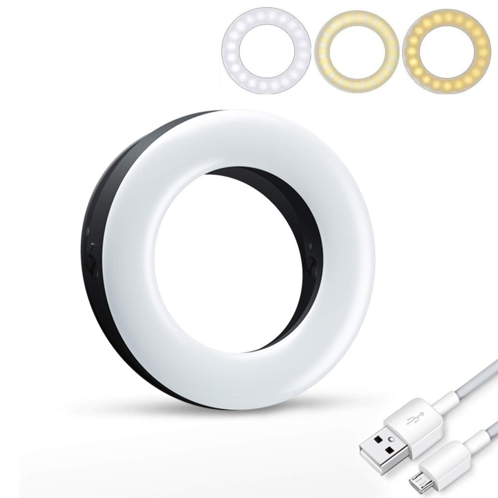 Selfie Ring Light, ARKIM 40 LED 3 Colors Mode Rechargeable Portable Clip-on Fill Light, Adjustable Brightness, Mini Ring Light for Tiktok Photography, Camera Video, Make up (Black)