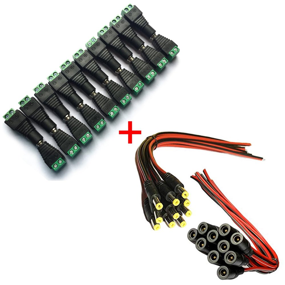 DAYKIT 10 Pairs DC Power Pigtail Cable 12V 5A Male & Female + 10 Pairs DC Power Jack Plug Adapter Connector for Home Surveillance CCTV Security
