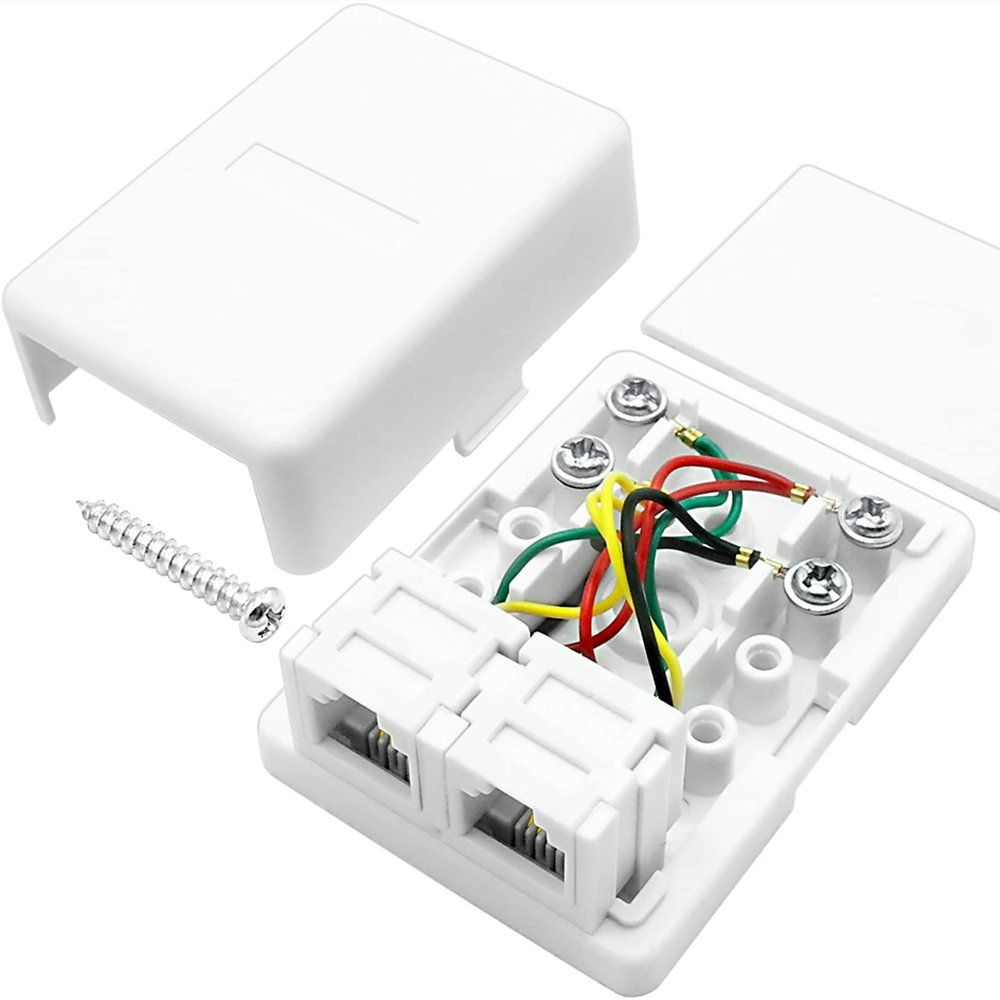 NECABLES Phone Jack Surface Mount Dual Port Telephone Jack Box 4 Screw Terminals to 2 RJ11 6P4C Female White