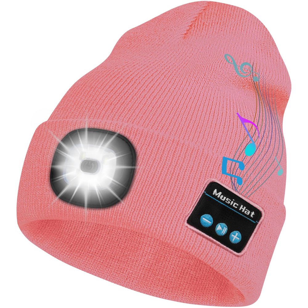 Bosttor Bluetooth Beanie Hat with Light, Headlamp Cap with Headphones and Built-in Speaker Mic, Gifts for Men Women Teen Pink