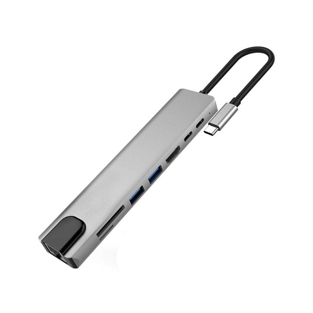 Dyllutrwhe 8 in 1 Multifunctional Type-C to 4K HDMI/Gigabit Ethernet/USB 3.0/PD Fast Charging Hub Adapter Silver