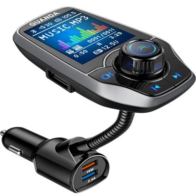 Upgraded Bluetooth 5.3 FM Transmitter for Car, Wireless Radio Adapter Kit W 1.8" Color Display Hands-Free Call AUX in/Out SD/TF Card USB Fast Charging 18W for All Smartphones Audio Players - Pewter