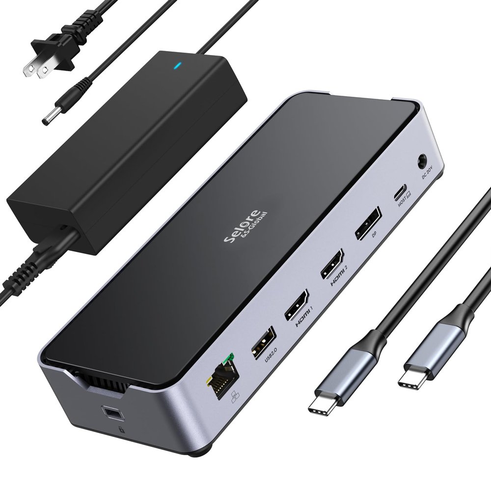 USB C Docking Station 3 Monitors Laptop Dock Dual Monitor with 2 HDMI DisplayPort 4K144Hz,USB A 2.0/3.0,USB C 3.1 10Gbps&30W Output,Ethernet,MicroSD&SD,Audio&Mic,150W DC Power for Dell/Lenovo/HP