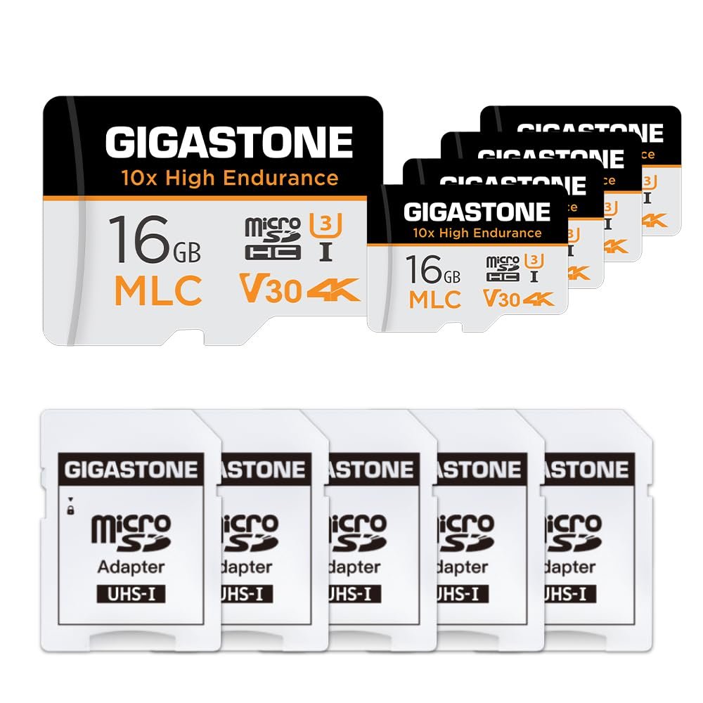 [10x High Endurance] GIGASTONE Industrial 16GB MLC Micro SD Card 5-Pack, 4K Video Recording, Security Cam, Dash Cam, Surveillance Compatible 95MB/s, U3 C10, with Adapter [5-Yrs Free Data Recovery]