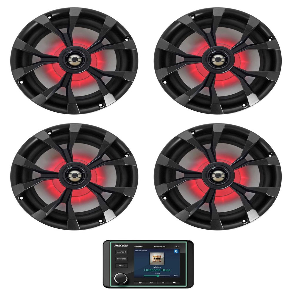 KICKER KMC5 Marine Digital Media Receiver w/Bluetooth+(4) 8" Black LED Speakers