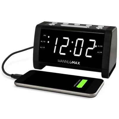 HANNLOMAX HX-147CR Alarm Clock Radio, PLL FM Radio, 1.4" White LED Display, USB Port for 2.1A Charging, Aux-in, AC Power Operation only.