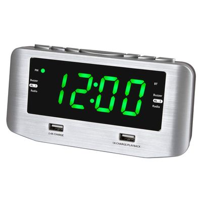 HANNLOMAX HX-146CR Alarm Clock Radio, PLL FM Radio, Dual Alarm, 1.2" Green LED Display, Bluetooth, USB Ports for Charging and MP3 Playback (Silver)