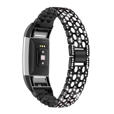 GIMart Bling Strap Compatible For Fitbit Charge 2 Strap, Women Men Stainless Steel Rhinestone Replacement Charge 2 Band Wrist Strap Metal Bracelet Wristband for Fitbit Charge 2 HR Fitness Tracker (Black)
