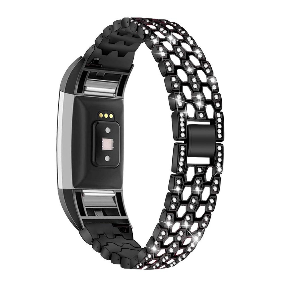 GIMart Bling Strap Compatible For Fitbit Charge 2 Strap, Women Men Stainless Steel Rhinestone Replacement Charge 2 Band Wrist Strap Metal Bracelet Wristband for Fitbit Charge 2 HR Fitness Tracker (Black)