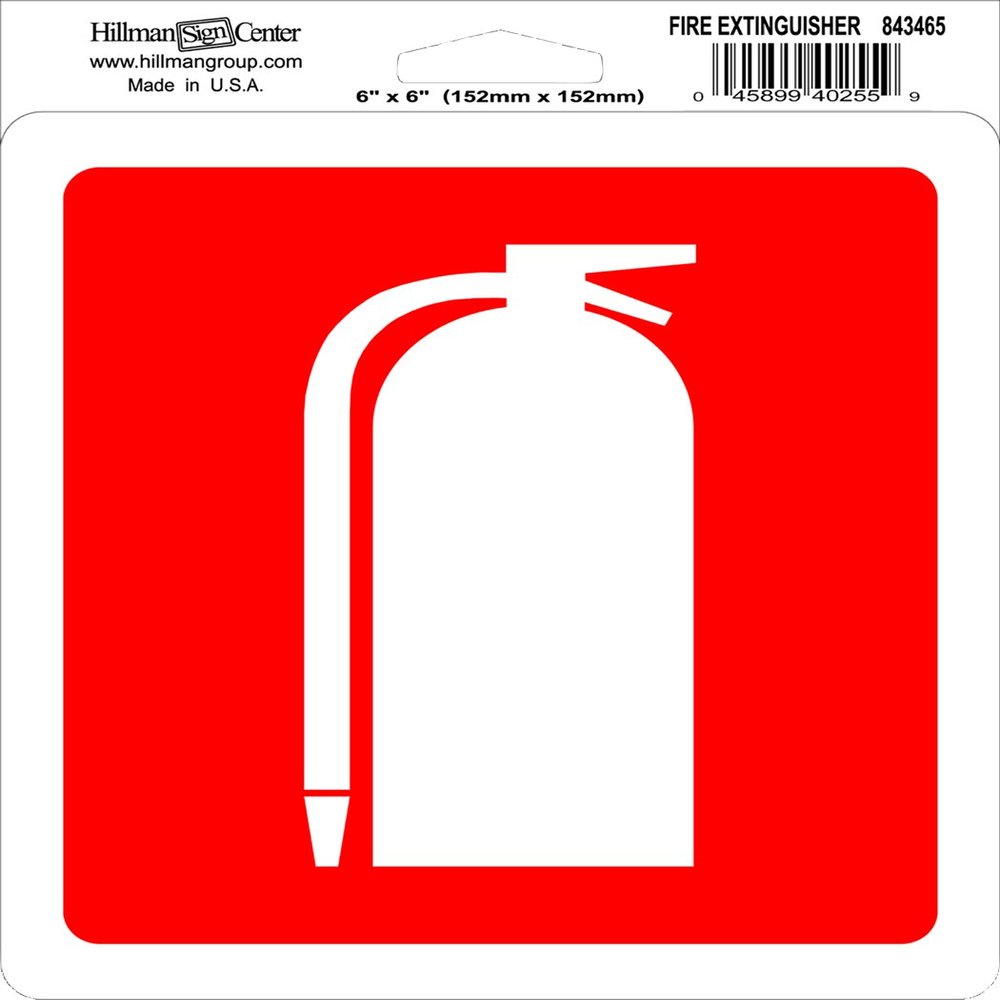 Hillman Group 843465 6 x 6 in. Red & White Fire Extinguisher Self Adhesive Sign - 6 Piece