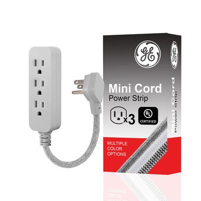 GE 3-Outlet Power Strip Mini Extension Cord with Multiple Outlets 5 Inch Braided Short Cord Extension Cord Grounded Flat Plug Extension Cord ETL Listed Gray 53199