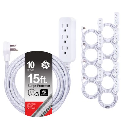 GE 3-Outlet Power Strip Surge Protector 15 Ft Braided Long Cord Extension Cord Surge Protector Power Strip Flat Plug Extension Cord 250 Joules UL Listed 10 Pack White 53264