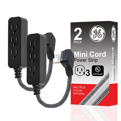 GE 3-Outlet Power Strip Mini Extension Cord with Multiple Outlets 5 Inch Braided Short Cord Extension Cord Grounded Flat Plug Extension Cord ETL Listed 2 Pack Black 53240