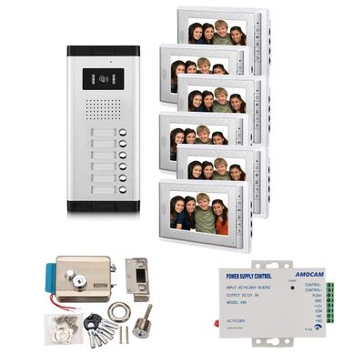 AMOCAM Apartment Video Intercom System and Electric Control Door Lock and 12V Power Supply Control for 6 Units Apartmen