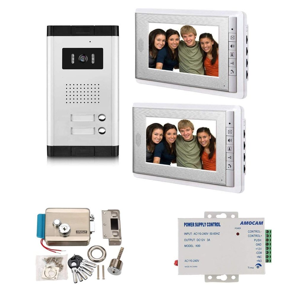 AMOCAM Apartment Video Intercom System and Electric Control Door Lock and 12V Power Supply Control for 2 Units Apartment Household
