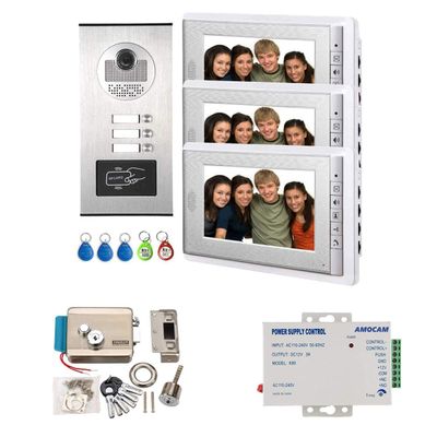 AMOCAM Apartment Video Intercom System and Electric Control Door Lock and 12V Power Supply Control, Support Keyfob Unlock for 3 Units Apartment Household