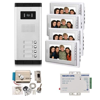 AMOCAM Apartment Video Intercom System and Electric Control Door Lock and 12V Power Supply Control for 4 Units Apartment Household
