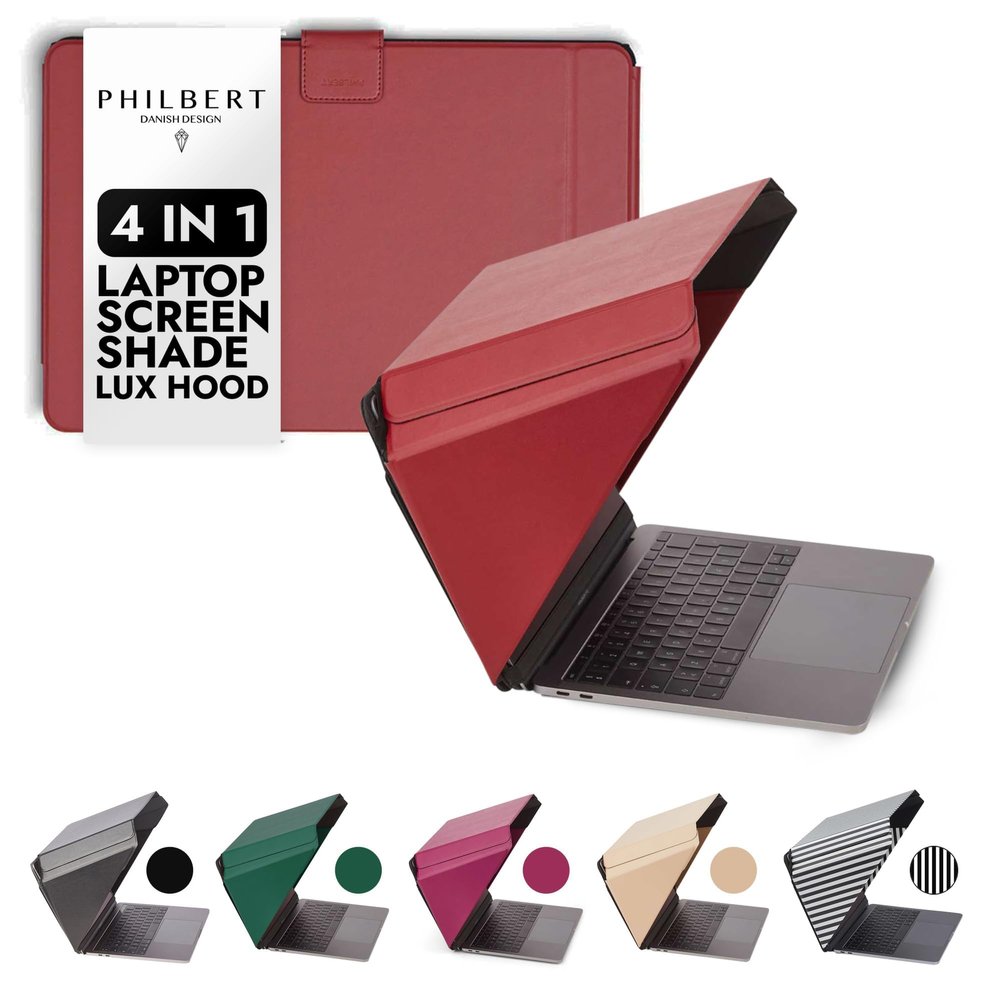 4-in-1 Laptop Screen Shade Original Lux Hood Sun, Privacy, Heat & Contrast Protection, Freestanding with Pocket, Fits 1516 MacBook & PC, Patented, Red | PHILBERT Danish Design