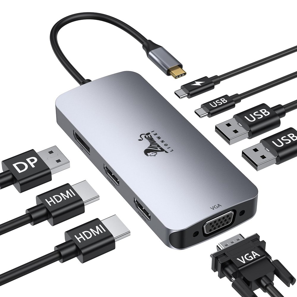 LIONWEI USB C Docking Station Dual Monitor, Laptop Docking Station 3 Monitors Quadruple Display with Dual 4K HDMI, DP, VGA, 100W PD, 3 USB C/A 2.0, Laptop Dock for Dell, Lenovo, HP, Surface