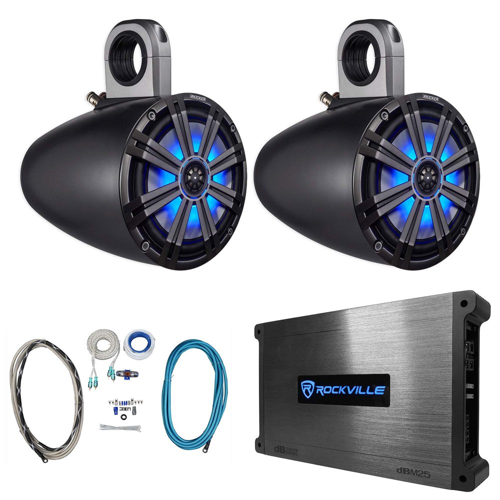 KICKER 2 8" 600w Marine Boat KMTES8 Wakeboard Tower Speakers w/LED's+Amplifier