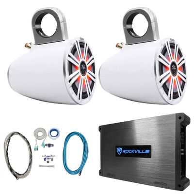 KICKER Pair 45KM84L 8" 600W Marine Boat Waterproof Speakers w/LED's KM8 Bundle with Pair 43KMTES8W Tower Enclosures, Rockville DBM25 MarineAmp and Rockville RMWK4 Marine Amplifier