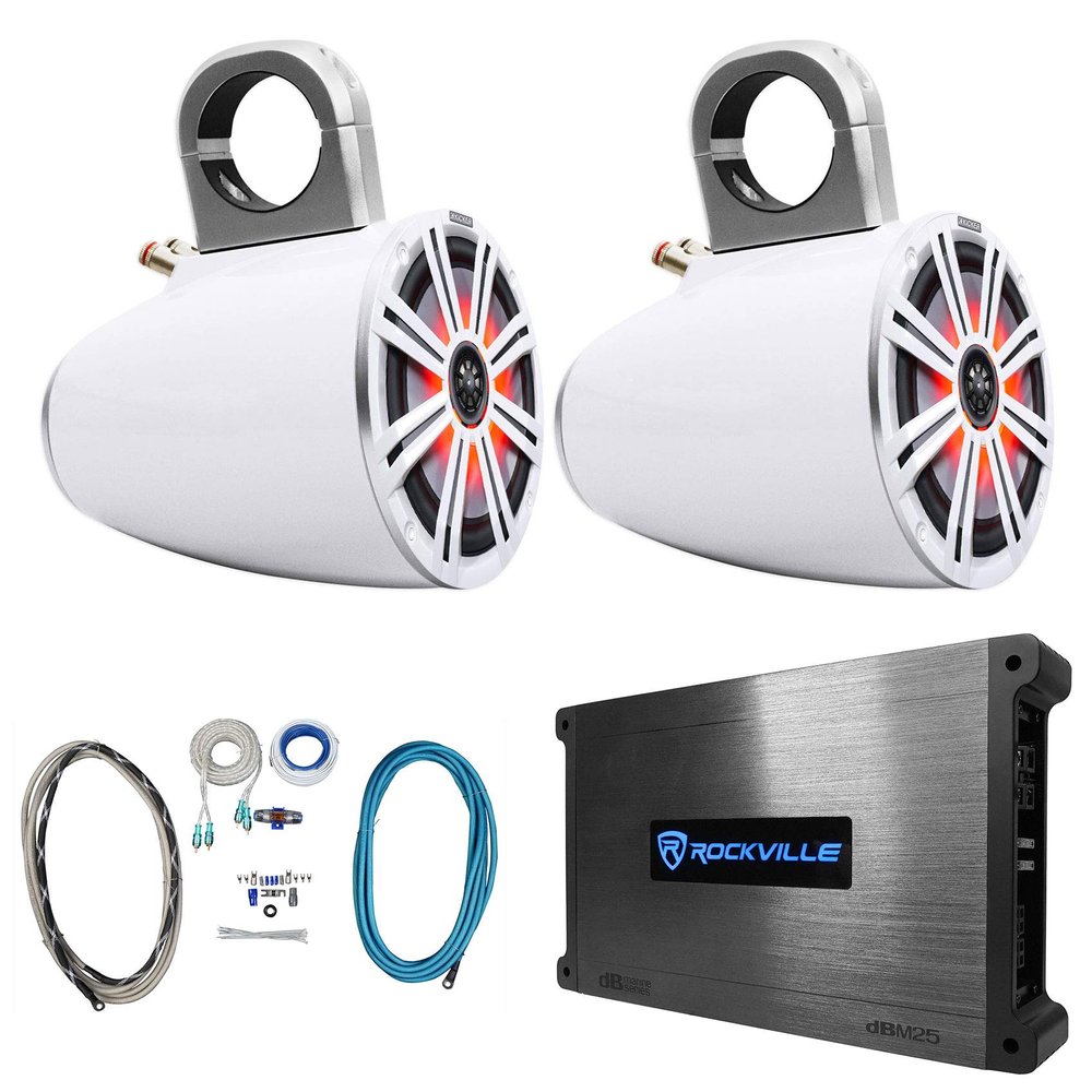 KICKER Pair 45KM84L 8" 600W Marine Boat Waterproof Speakers w/LED's KM8 Bundle with Pair 43KMTES8W Tower Enclosures, Rockville DBM25 MarineAmp and Rockville RMWK4 Marine Amplifier