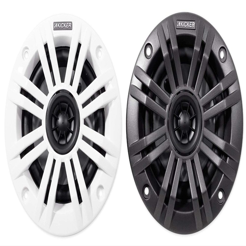 Kicker KM4 4-Inch (100mm) Marine Coaxial Speakers with 1/2-Inch (13mm) Tweeters, 2-Ohm, Charcoal and White Grilles (Renewed)