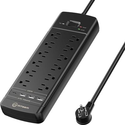 Witeem Surge Protector Power Strip - 12 Outlets,3 USB+USB-C 3.4A Ports, 6Ft Extension Cord, 1875W/15A, 4360Joules, Overload Protection - Ideal for Home & Office Use (Black-USBC)