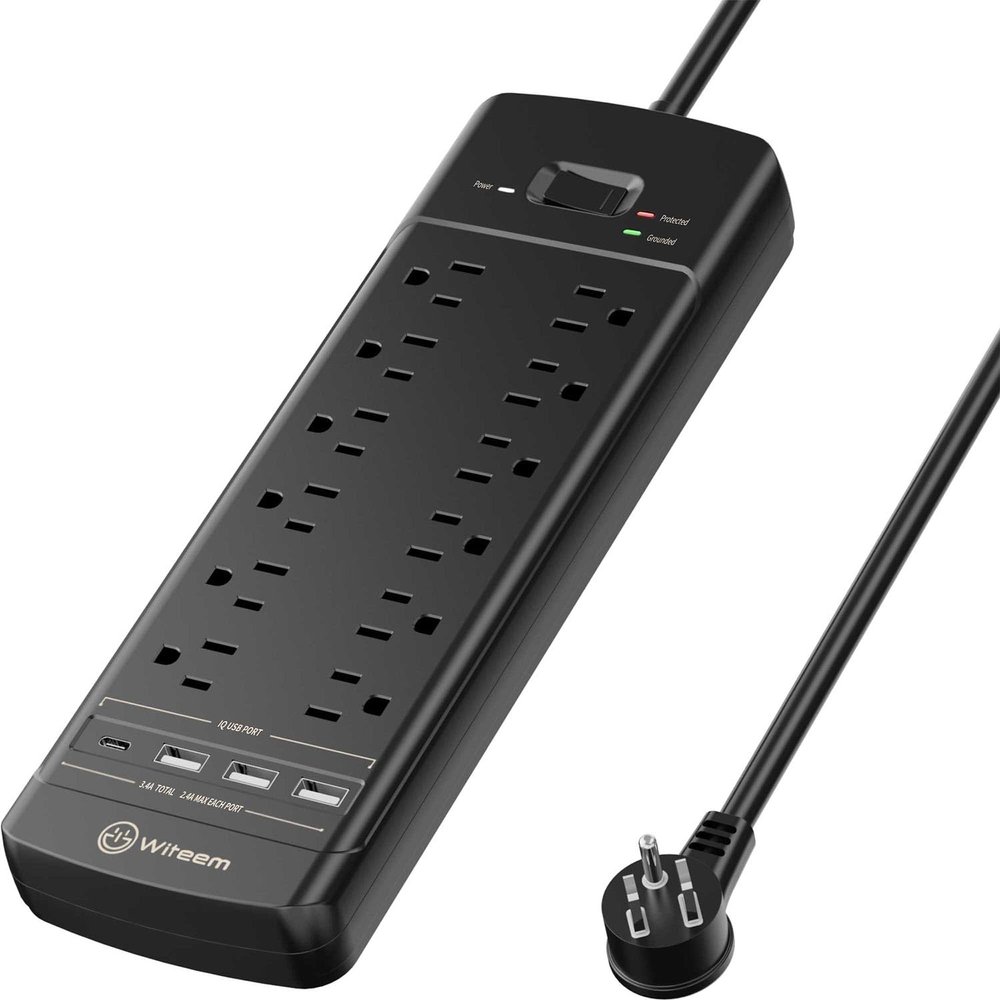 Witeem Surge Protector Power Strip - 12 Outlets,3 USB+USB-C 3.4A Ports, 6Ft Extension Cord, 1875W/15A, 4360Joules, Overload Protection - Ideal for Home & Office Use (Black-USBC)