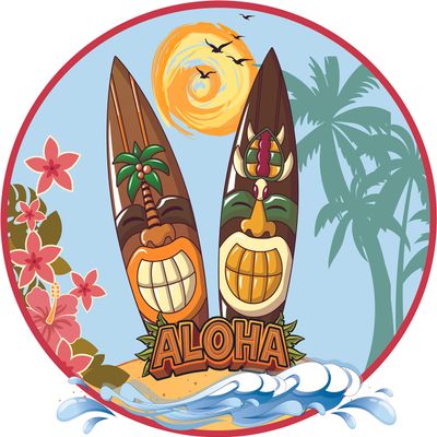 Aloha Tiki Surfboards Beach Background Design Wall Decal - 18" x 20" Vinyl Home Bedroom Living Room Large Polynesian Art Carvings Totem Pole Hawaii Culture Design Adhesive Decoration Sticker