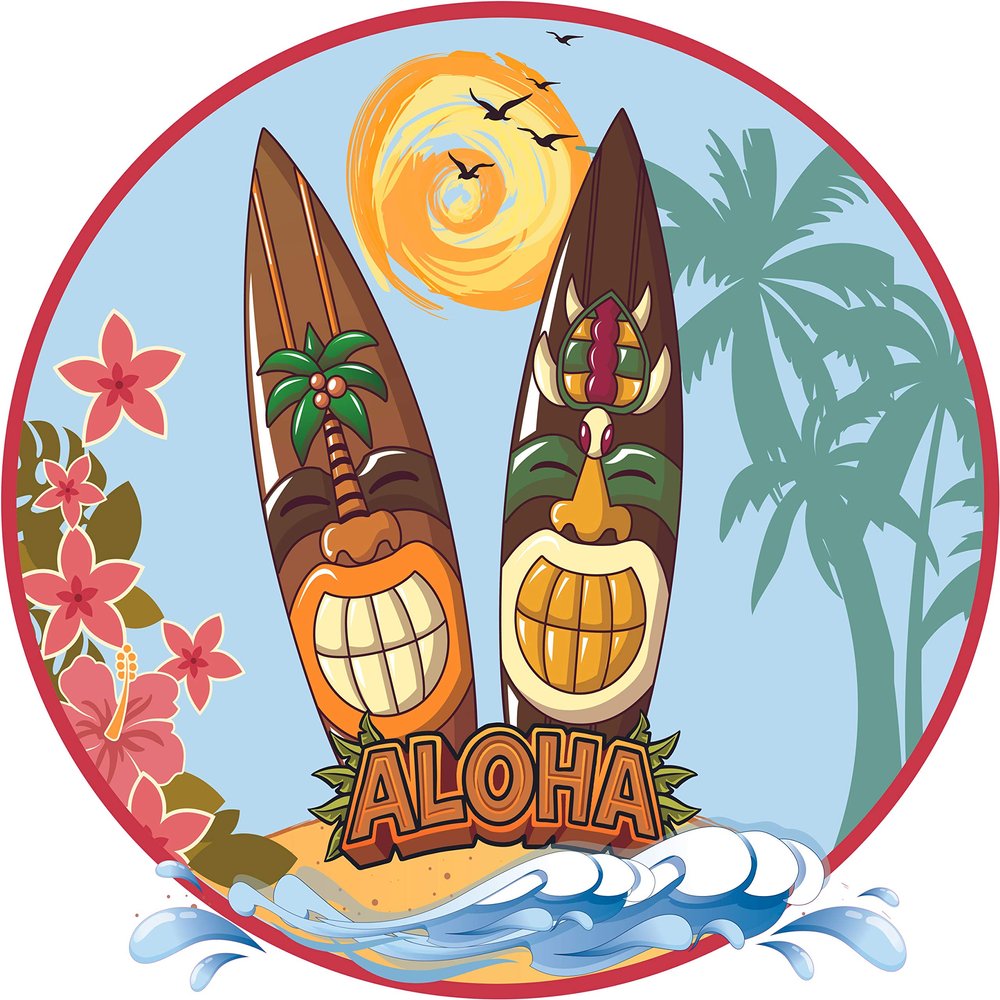 Aloha Tiki Surfboards Beach Background Design Wall Decal - 18" x 20" Vinyl Home Bedroom Living Room Large Polynesian Art Carvings Totem Pole Hawaii Culture Design Adhesive Decoration Sticker