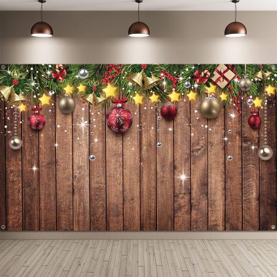 Blulu Christmas Backdrop for Photography - Fabric Wood Pattern Background with Pine Tree & Ornaments - Merry Xmas Photo Background, 72.8 x 43.3 Inch