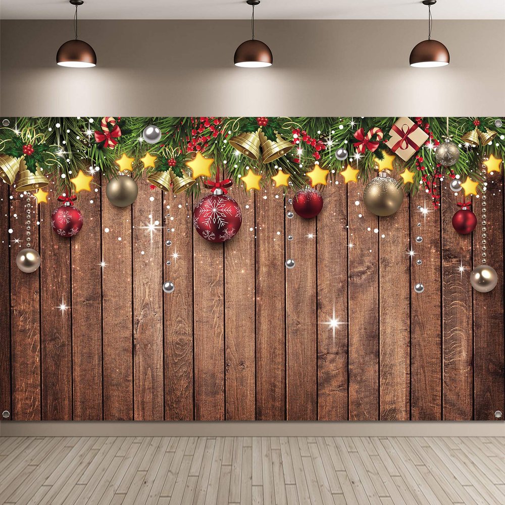 Blulu Christmas Backdrop for Photography - Fabric Wood Pattern Background with Pine Tree & Ornaments - Merry Xmas Photo Background, 72.8 x 43.3 Inch