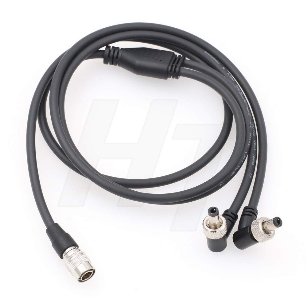 HangTon Power Cable Hirose 4 Pin Male to 2 x Right Angle Locking DC Barrel for Sony F5 Zaxcom QRX100 Lectrosonic SRc Receiver Atomos 7'' Monitor 1m (2xdc-4pin)
