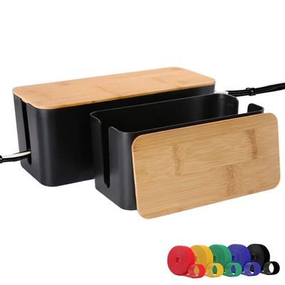 Cable Management Box, 2 Pack Bamboo Lid Large Storage Wires Organizer Holder for Home, Desk, TV, Computer, USB Hub - to Cover Hide Surge Protector Conceal Power Strips & Cords (Black)