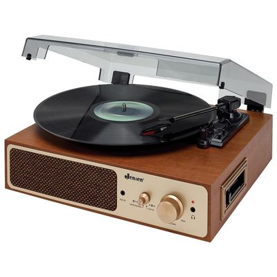 JENSEN Vinyl Record Player 3 Speed Turntable with Dual Bluetooth Connection Transmit and Receive, Cassette Player, and Two Built-in Speakers