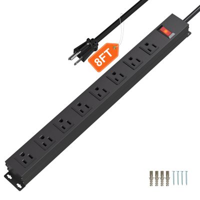 CFMASTER 8 Outlets Heavy Duty Power Strip with 8 Ft 14AWG Power Cord Straight Plug and Switch,Wide Spaced Shop Power Strip Metal for Commercial,Industrial,School and Home,15A 125V 1875W,Black(8FT)