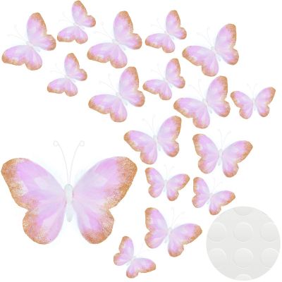 16 Pcs Feather 3D Butterfly Wall Decals Gold Glitter Butterfly Wall Art Mural Stickers Removable for Home Office Wedding Party Balloons Cake Flower Bedroom Bathroom Living Room Decor(Light Purple)