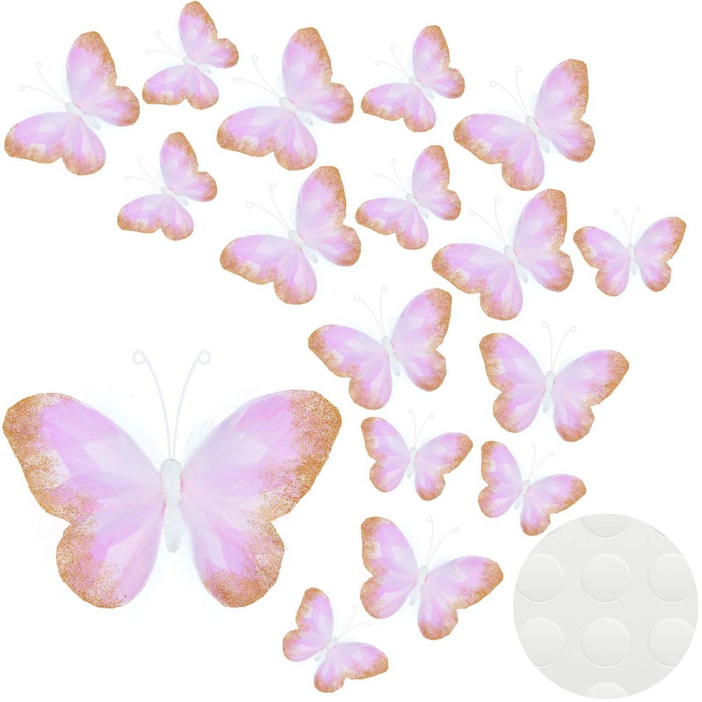 16 Pcs Feather 3D Butterfly Wall Decals Gold Glitter Butterfly Wall Art Mural Stickers Removable for Home Office Wedding Party Balloons Cake Flower Bedroom Bathroom Living Room Decor(Light Purple)