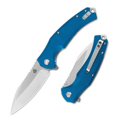 QSP Snipe Folding Pocket Knife, 3.57" D2 Two Tone Satin Blade EDC Knife, Blue G10 Handle, Liner Lock, Ceramic Ball Bearings, Reversible SS Deep Carry Clip