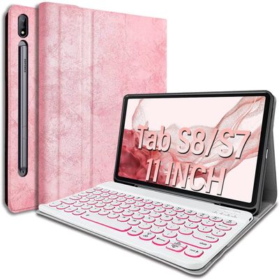 Backlit Keyboard Case for Samsung Galaxy Tab S8 2022/Tab S7 2020 11 inch(Model SM-X700/X706/T870/ T875/T876),Wineecy 7 Colors Light Detachable Wireless Keyboard & PU Folio Stand Pen Holder Cover, Pink